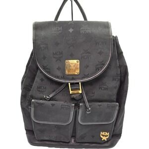 MCM Backpack Book‎ Bag Black Logo Print Leather Trim Small Travel Bag